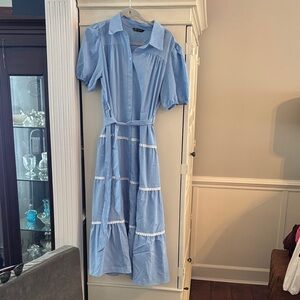 Chic Blue Midi Dress with Puff Sleeves